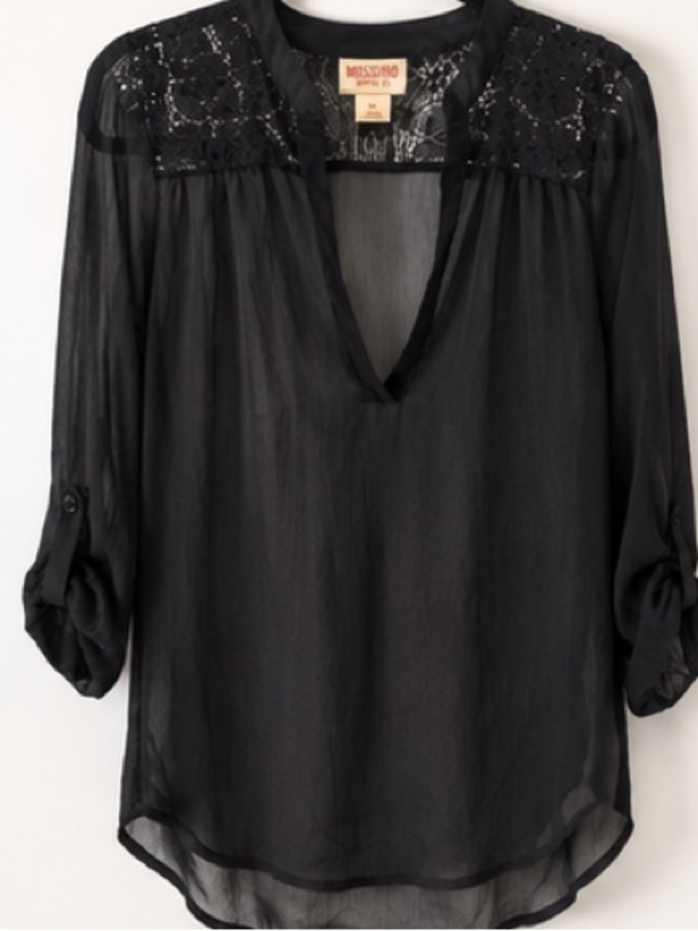Mossimo Supply Co. Black Sheer Lace-Yoke V-Neck Blouse